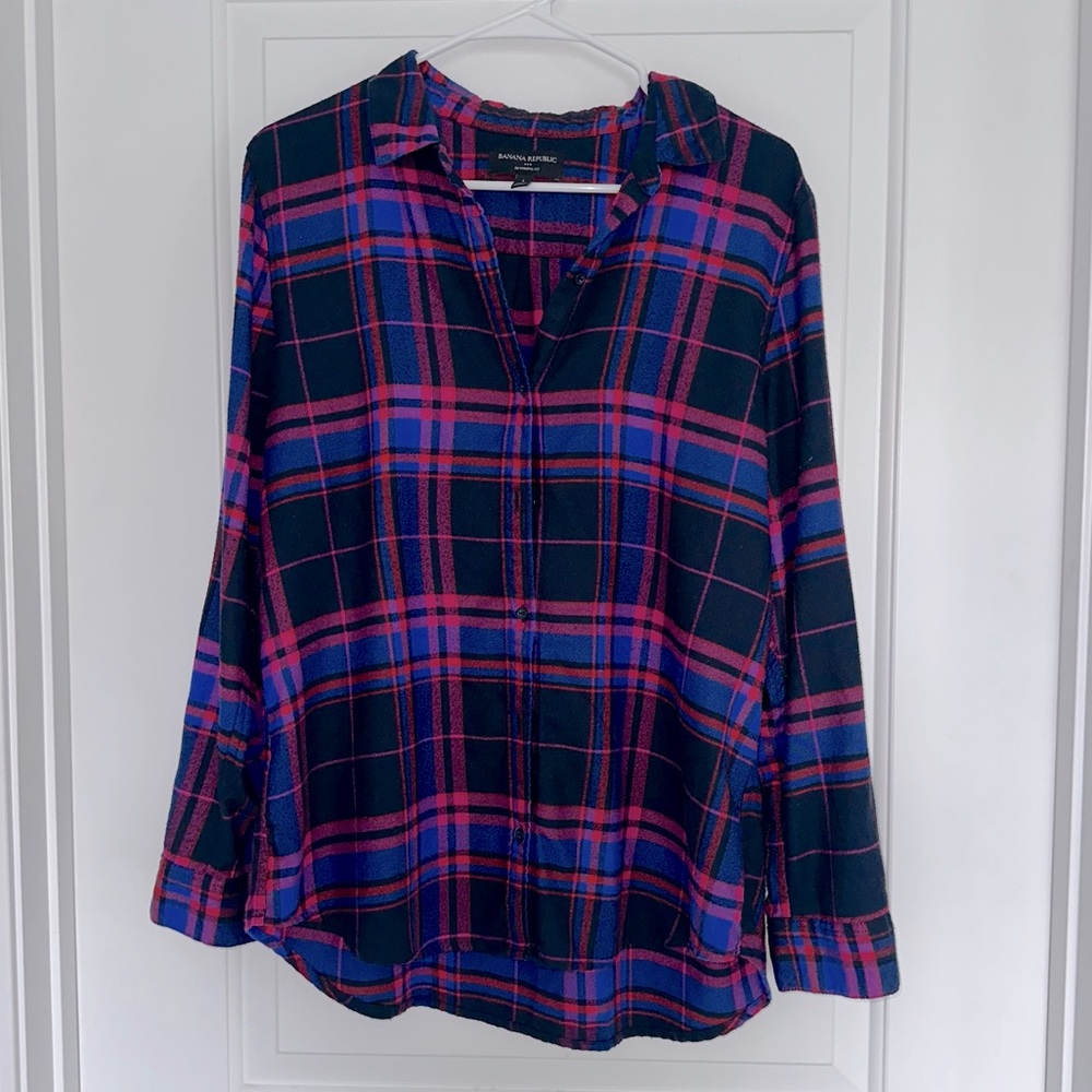 Banana Republic Boyfriend Fit Black Plaid Collared Button Up Shirt Size L